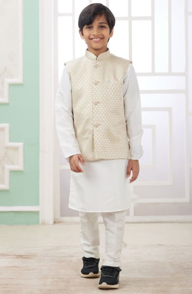 Off White Art Silk Kids Kurta Set with Jacket