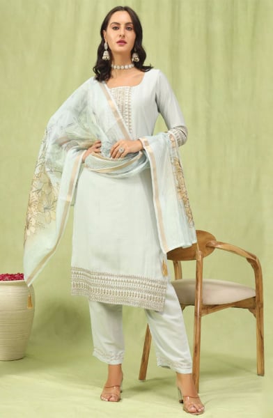 Off White Art Silk Readymade Pant Kameez Suit