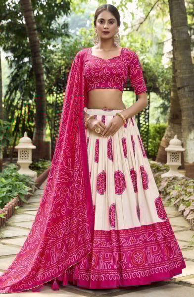 Off White Bandhani Print Tussar Silk Chaniya Choli