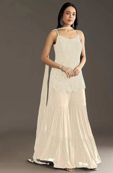 Off White Beads Embroidered Faux Georgette Sarara Kameez