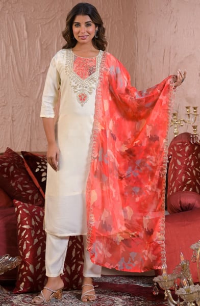Off White Chanderi Silk Readymade Pant Kameez