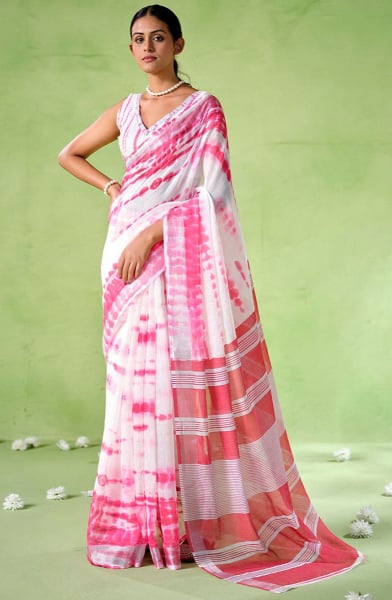 Off White Cotton Blend Printed Saree