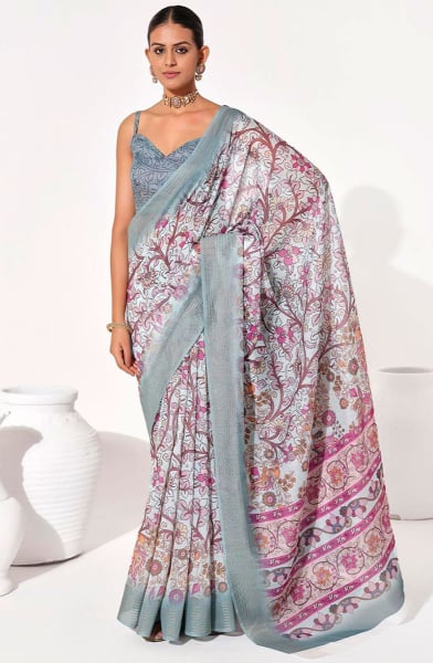 Off White Cotton Blend Printed Saree