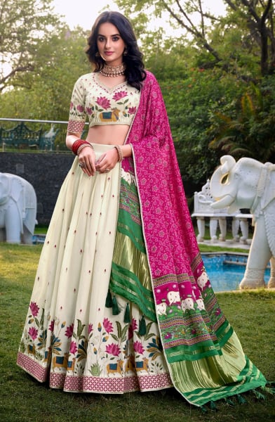 Off White Cotton Thread Embroidered Lehenga Choli Set