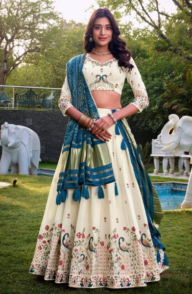 Off White Cotton Thread Embroidered Lehenga Choli Set