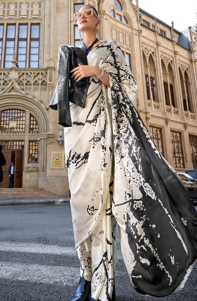 Off White Digital Print Satin Crepe Saree