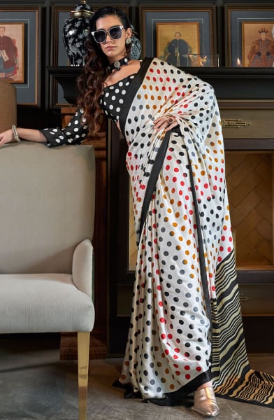 Off White Digital Print Satin Crepe Saree