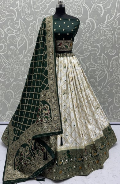 Off White Embellished Georgette Satin Lehenga Choli
