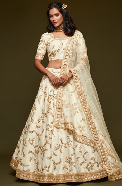 Off White Embroidered Art Silk Designer Lehenga Choli