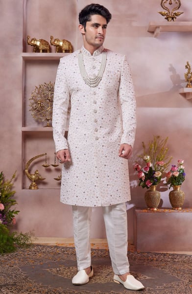 Off White Embroidered Art Silk Designer Sherwani