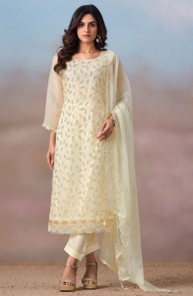 Off White Embroidered Chiffon Plus Size Suit
