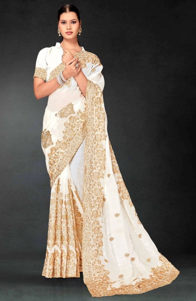 Off White Embroidered Fendi Silk Saree