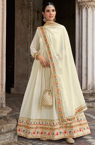 Off White Embroidered Georgette Anarkali Suit for Festival