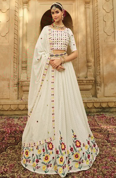 Off White Embroidered Georgette Lehenga Choli