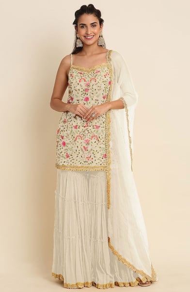Off White Embroidered Georgette Sarara Kameez