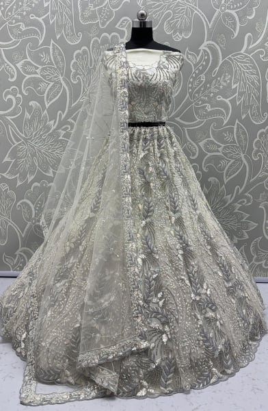 Off White Embroidered Net Bridal Lehenga Choli