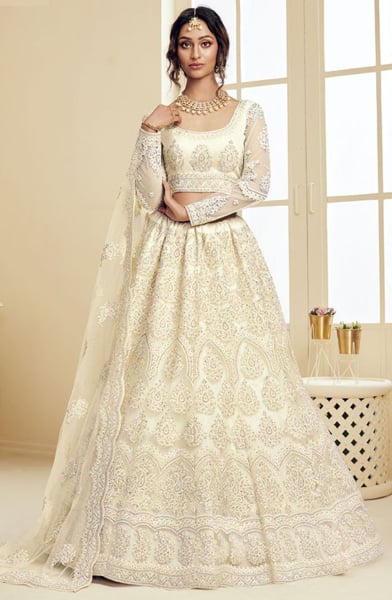 Off White Embroidered Net Bridal Lehenga Choli for Wedding