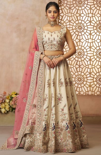 Off White Embroidered Pure Silk Designer Lehenga Choli