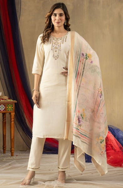 Off White Embroidered Shimmer Silk Pant Kameez