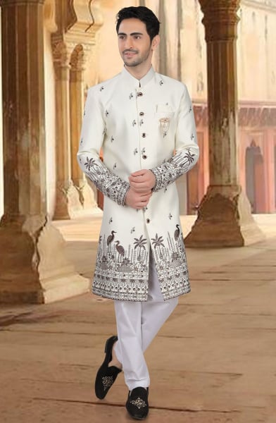 Off White Embroidered Silk Designer Indo Western