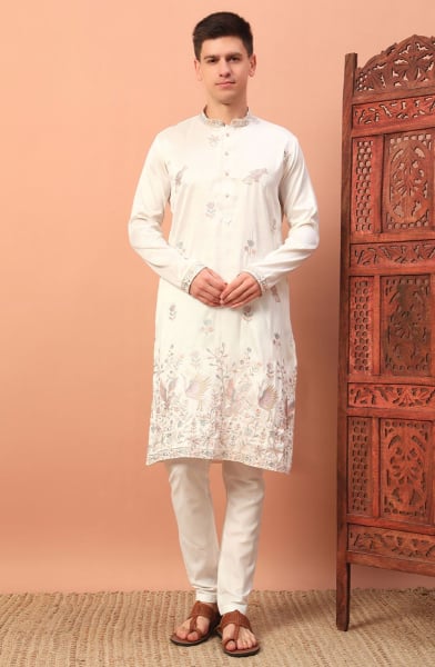 Off White Embroidered Silk Kurta Set
