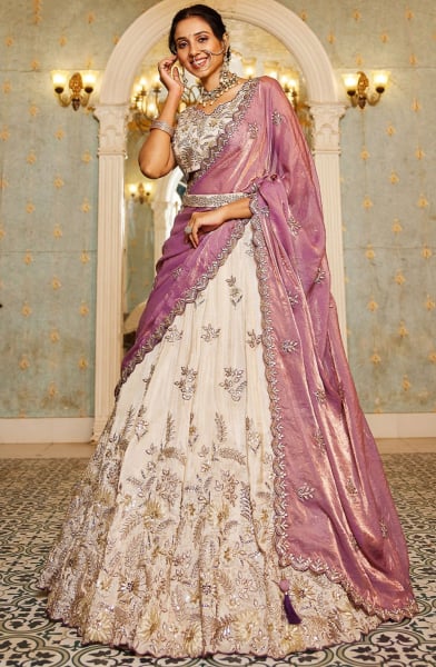 Off White Embroidered Viscose Rayon Designer Lehenga Set
