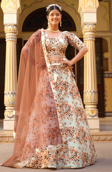 Off White Floral Print Silk Lehenga Choli