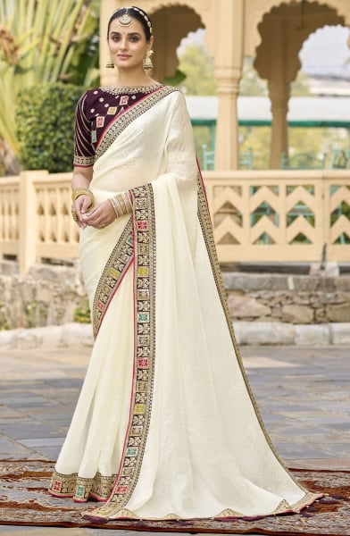 Off White Georgette Saree with Embroidered Blouse