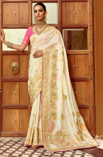 Off White Handwork Dola Silk Saree