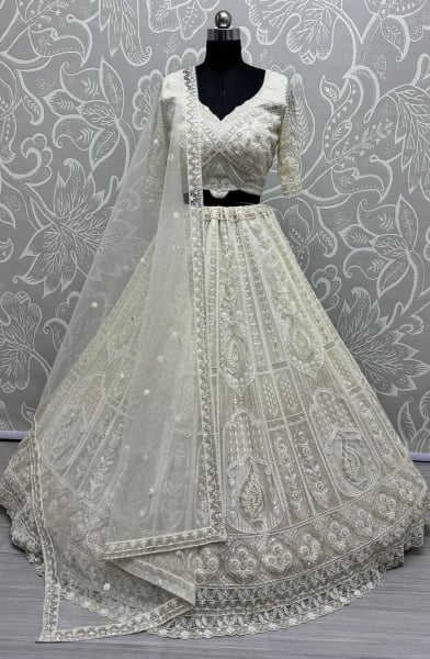Off White Handwork Embroidered Net Bridal Lehenga Choli