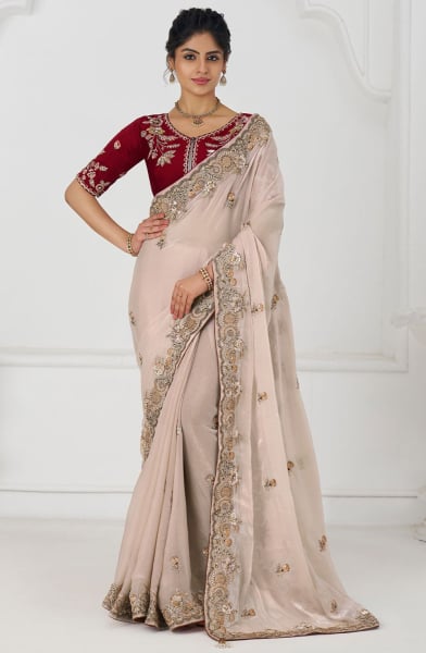Off White Handwork Pure Fendy Silk Designer Saree