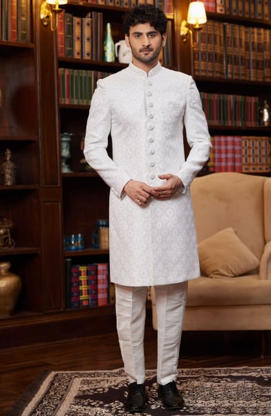 Off White Heavy Designer Sherwani for Wedding