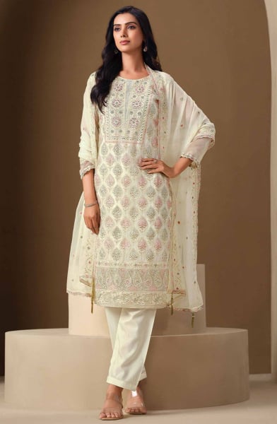 Off White Lakhnavi Embroidered Chiffon Plus Size Suit