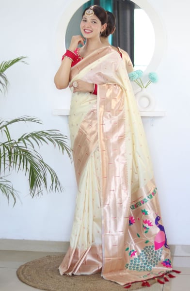 Off White Meenakari Woven Paithani Silk Saree