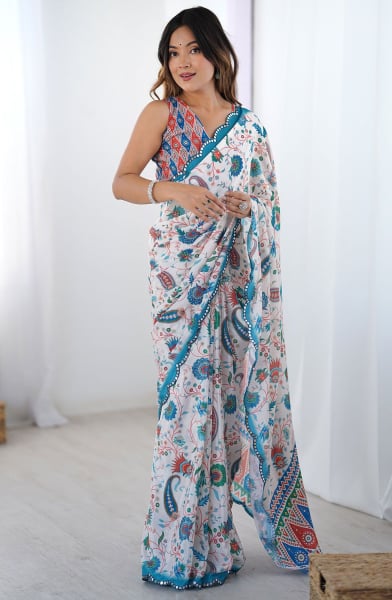 Off White Printed Chinnon Casual Saree