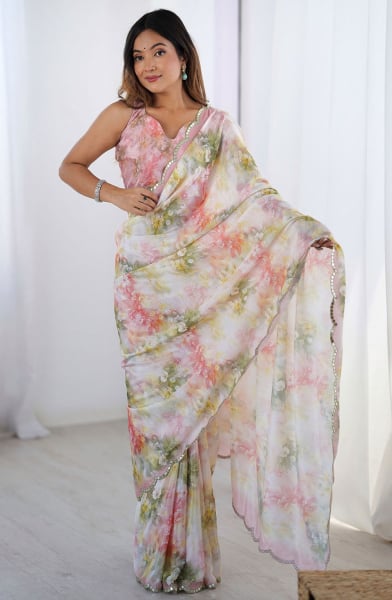 Off White Printed Chinnon Casual Saree