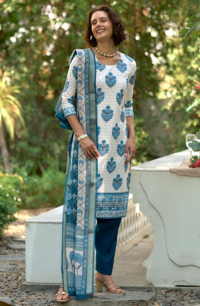 Off White Printed Cotton Readymade Pant Kameez