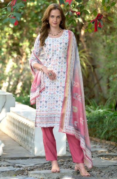 Off White Printed Cotton Readymade Pant Kameez