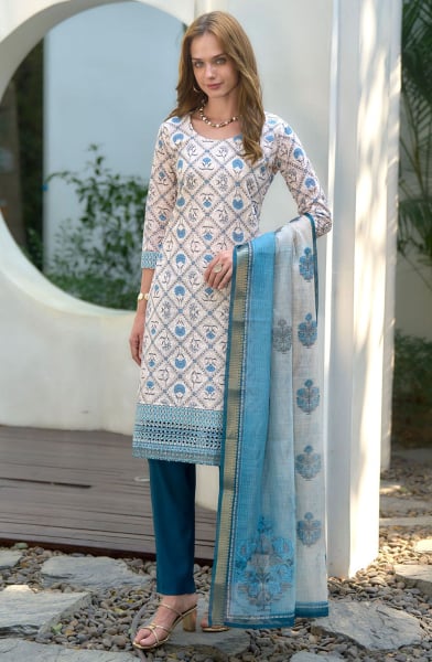 Off White Printed Cotton Readymade Pant Kameez