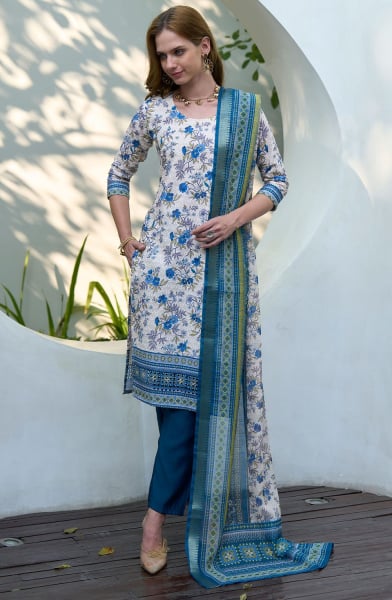 Off White Printed Cotton Readymade Pant Kameez