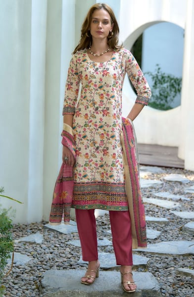 Off White Printed Cotton Readymade Pant Kameez