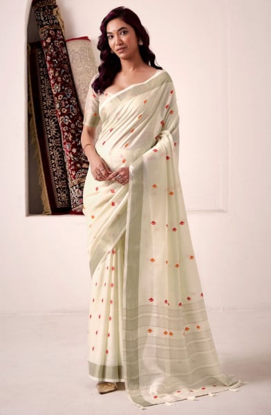 Off White Printed Linen Silk Saree
