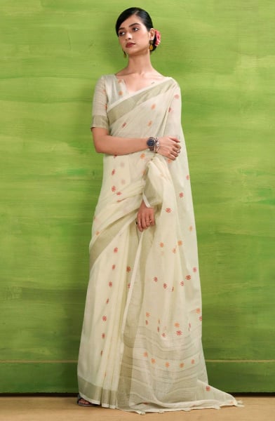 Off White Printed Linen Silk Saree