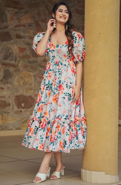 Off White Printed Rayon Plus Size Frock