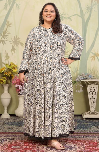 Off White Printed Rayon Plus Size Gown