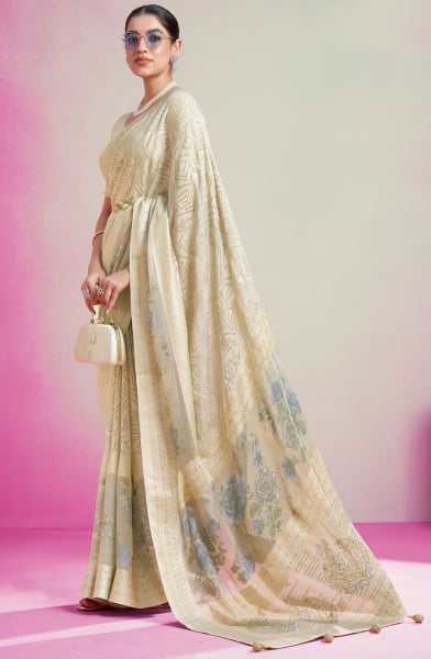 Off White Printed Viscose Georgette Saree
