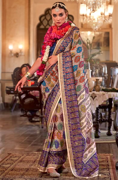 Off White Printed Viscose Silk Saree