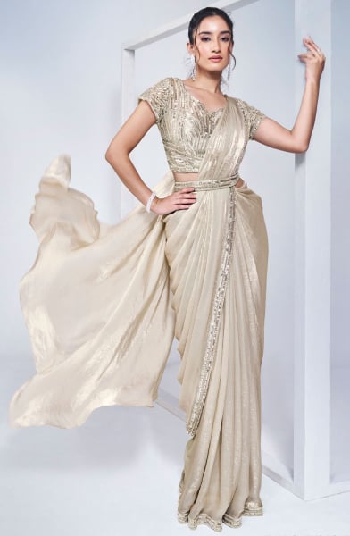 Off White Pure Khatli Work Designer Ready to Wear Saree