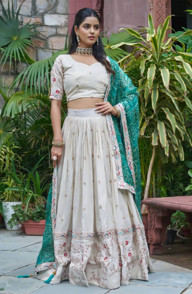 Off White Pure Tissue Silk Readymade Lehenga Choli Set for Ceremonial
