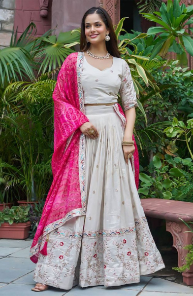 Off White Pure Tissue Silk Readymade Lehenga Choli Set for Ceremonial